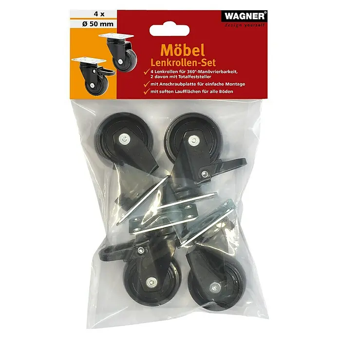 Wagner System Design-Lenkrolle 3C - Durchmesser Rollen: 50 mm, Traglast: 50 kg, Mit Platte und Feststeller, Schwarz - Das Bild zeigt eine Packung Möbelrollen von Wagner. Das Set enthält vier Lenkrollen mit einem Durchmesser von 50 mm.