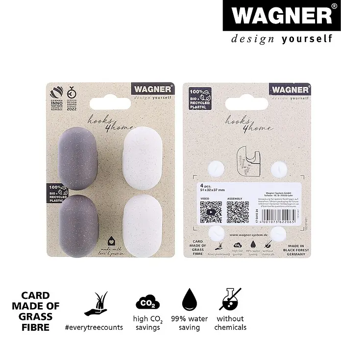 Wagner System Garderobenhaken-Set PILL - L x B x H: 37 x 31 x 51 mm, Schiefergrau, Lichtgrau, 4 Stk. - Wagner Haken "hooks4home" aus Bio-Recyclingkunststoff und Graspapierkarte, umweltfreundliche Aufbewahrungslösung für Zuhause.