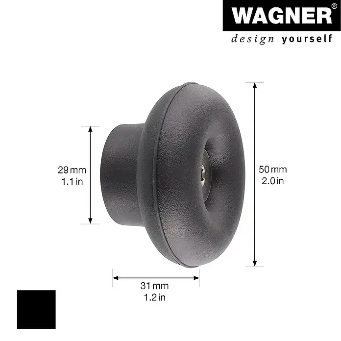 Wagner System Garderobenhaken-Set DOT - Ø x H: 50 x 30 mm, Schwarz, 4 Stk. - Abbildung eines schwarzen Möbelknopfes von Wagner mit den Maßen 50 mm Höhe, 31 mm Breite und 29 mm Durchmesser für individuelles Design.
