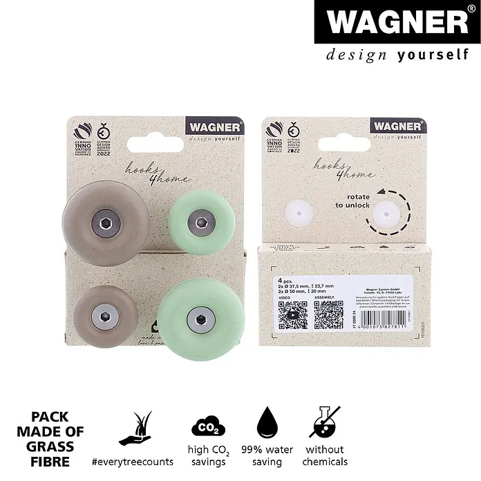 Wagner System Garderobenhaken-Set DOT - Ø x H: 50 x 30 mm, Taupe, Blassgrün, 4 Stk. - Packung mit vier Möbelknöpfen von Wagner aus natürlichen Materialien in zwei Designs.
