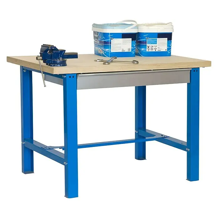 Simonrack Simonwork Werkbank BT6L MDF 1BOX - L x B: 75 x 120 cm, Arbeitshöhe: 86,5 cm, Belastbarkeit: 635 kg, Blau - Werkbank mit Schraubstock und zwei Farbbehältern. Ideal für Handwerker und Heimwerker zum Arbeiten und Lackieren.