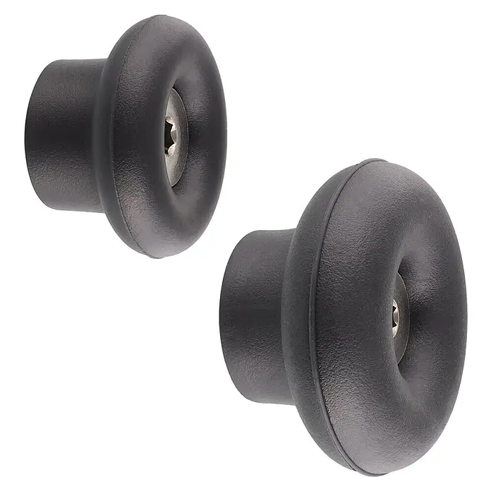 Wagner System Garderobenhaken-Set DOT - Ø x H: 50 x 30 mm, Schwarz, 4 Stk. - Zwei schwarze Drehmomentschrauben mit abgerundeten Köpfen sind auf einem schwarzen Hintergrund zu sehen.