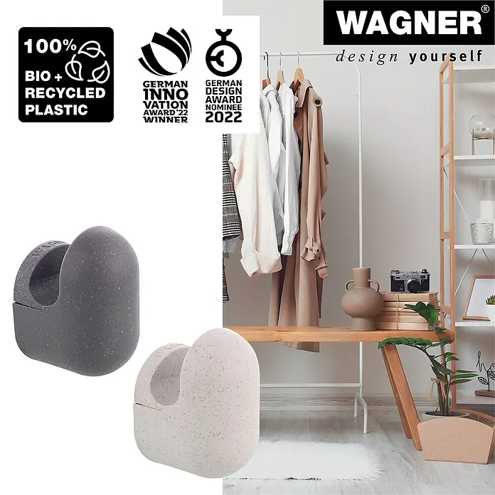 Wagner System Garderobenhaken-Set PILL - L x B x H: 37 x 31 x 51 mm, Schiefergrau, Lichtgrau, 4 Stk. - Produktbild von zwei WAGNER Möbelgleitern aus Bio- und Recyclingkunststoff mit den Auszeichnungen German Innovation Award Winner und German Design Award Nominee.