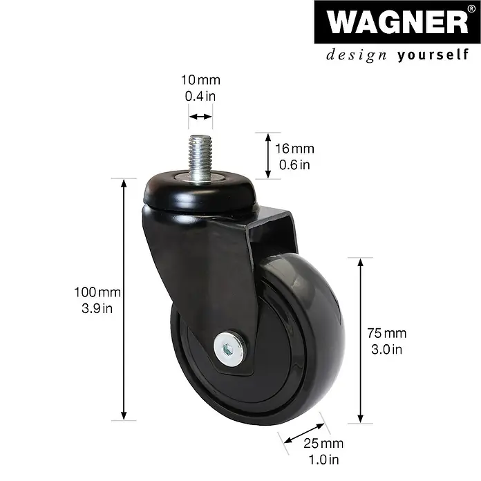 Wagner System Design-Lenkrolle 3C - Durchmesser Rollen: 75 mm, Traglast: 75 kg, Mit Gewindestift - Schwarze Möbelrolle mit Gewindestift und Maßangaben für den Heimwerkerbedarf.