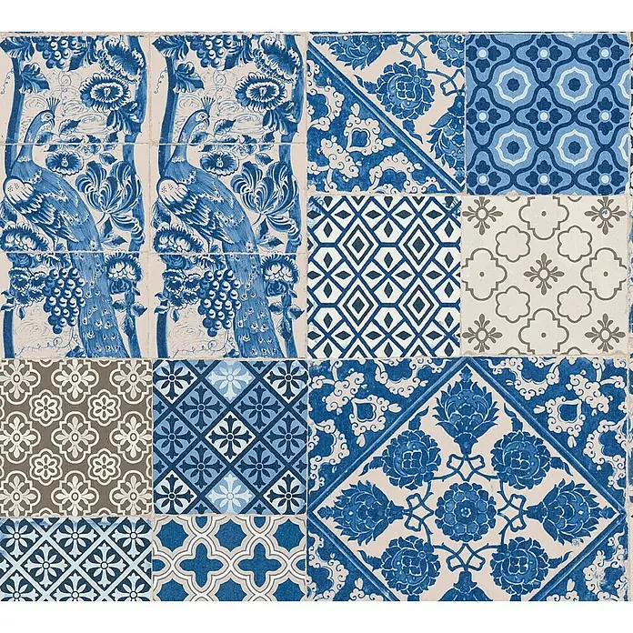 A.S. Création Metropolitan Stories Vliestapete Vintage-Fliese - Blau/Creme, Fliesenoptik, 10,05 x 0,53 m - Blaue dekorative Fliesen mit verschiedenen Mustern für ein stilvolles und künstlerisches Ambiente.