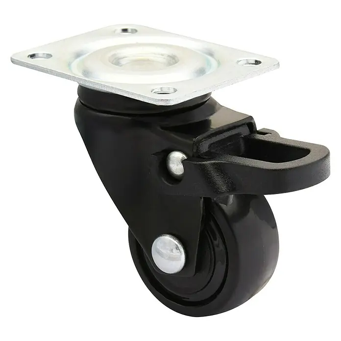 Wagner System Design-Lenkrolle 3C - Durchmesser Rollen: 25 mm, Schwarz, 4 Stk. - Ein schwarzes Möbelrad mit Bremshebel und einer quadratischen Montageplatte aus Metall, ideal für flexible und sichere Möbelbewegungen.