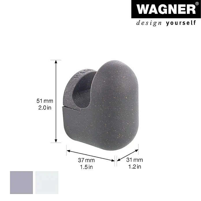Wagner System Garderobenhaken-Set PILL - L x B x H: 37 x 31 x 51 mm, Schiefergrau, Lichtgrau, 4 Stk. - Nahaufnahme eines grauen Wagner Türpuffer, der mit seinen Abmessungen (51 mm Höhe) und dem "Design yourself"-Slogan für moderne Türen wirbt.