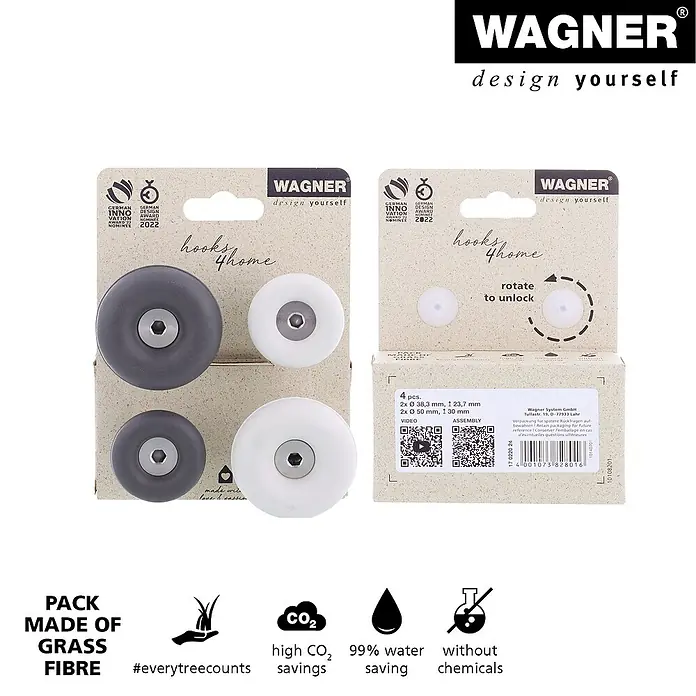 Wagner System Garderobenhaken-Set DOT - Ø x H: 50 x 30 mm, Schiefergrau, Lichtgrau, 4 Stk. - Produktdetailaufnahme: Wagner Haken "hooks 4 home" aus nachhaltiger Grasfaser, mit CO2- und Wassereinsparungen, ohne Chemikalien.