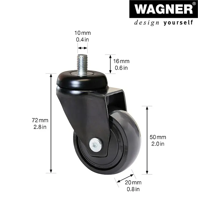 Wagner System Design-Lenkrolle 3C - Durchmesser Rollen: 50 mm, Traglast: 50 kg, Mit Gewindestift, 1 Stk., Schwarz - Abbildung eines schwarzen WAGNER-Lenkrolle mit Gewindezapfen und Maßangaben zu Länge, Höhe und Durchmesser.