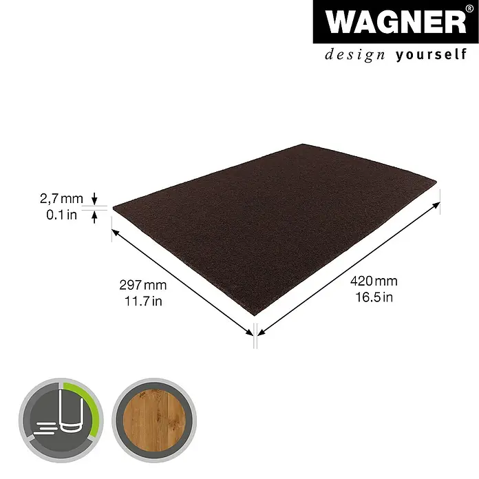Wagner System Bodenschutzmatte Filz - L x B: 420 x 297 mm, Braun - Produktbild einer braunen Wagner-Filzgleiterplatte mit Maßangaben, die sich ideal für Möbel zum Schutz von Böden eignet.