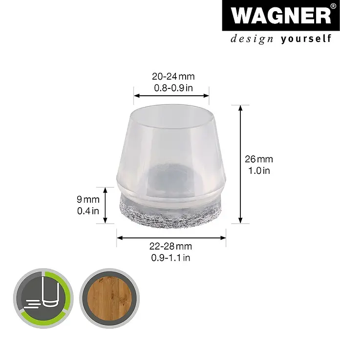 Wagner System Rohrkappen Filz - Durchmesser: 24 mm, Transparent, 24 Stk. - Abbildung eines transparenten Wagner Stuhlbeinschutzes mit den Maßen 20-24 mm (oben) und 22-28 mm (unten), Höhe 26 mm.