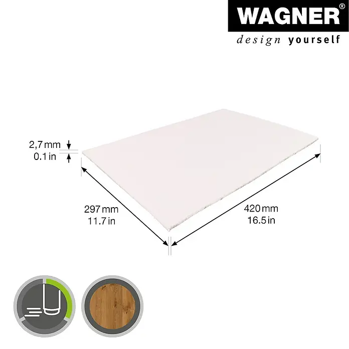 Wagner System Bodenschutzmatte Filz - L x B: 420 x 297 mm, Weiß - Abbildung eines weißen Wagner Produkts mit den Maßen 297 mm x 420 mm und einer Dicke von 2,7 mm, geeignet für vielfältige Designanwendungen.