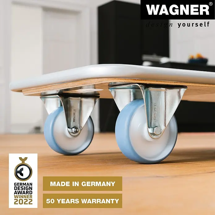 Wagner System Transportroller MM1345 - L x B x H: 740 x 365 x 110 mm, Traglast: 300 kg, Holz - Detailaufnahme eines Rollbretts von Wagner mit blauen Rollen, Auszeichnung und Garantiehinweis.