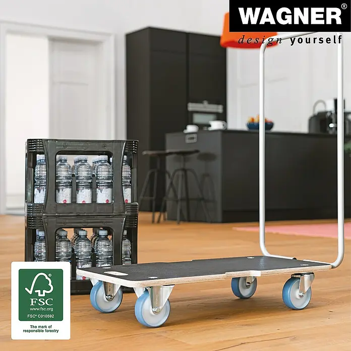 Wagner System Transportroller MM1345 - L x B x H: 740 x 365 x 110 mm, Traglast: 300 kg, Holz - Der Wagner Möbelroller MM 1409 mit praktischem Griff und blauen Rollen erleichtert den Transport schwerer Lasten im Haushalt.