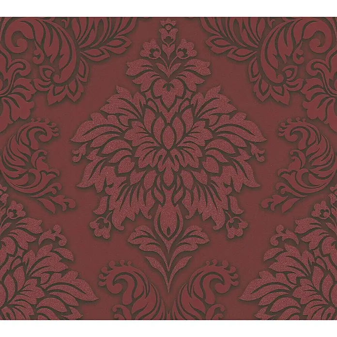 A.S. Création Metropolitan Stories Vliestapete Damask - Dunkelrot, Ornament, 10,05 x 0,53 m - Nahaufnahme einer bordeauxroten Tapete mit einem aufwendigen, floralen Damastmuster für eine elegante Wanddekoration.
