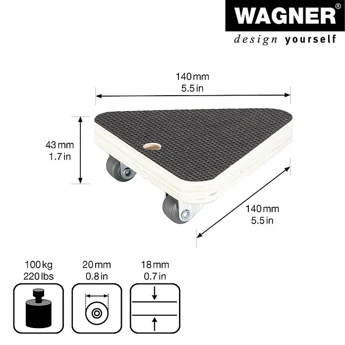 Wagner System Transportroller MM1314 - L x B x H: 140 x 140 x 43 mm, Traglast: 100 kg, Holz, Braun - Produktbild eines Möbelrollers von Wagner mit Größenangaben. Praktisch zum einfachen Bewegen schwerer Gegenstände.