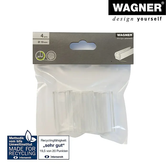 Wagner System Klemmschalengleiter - Durchmesser: 19 mm, Kunststoff, 4 Stk. - Produktabbildung: Eine Packung mit vier transparenten 19-mm-Kabelclips von Wagner, ideal für die Kabelführung und Organisation.