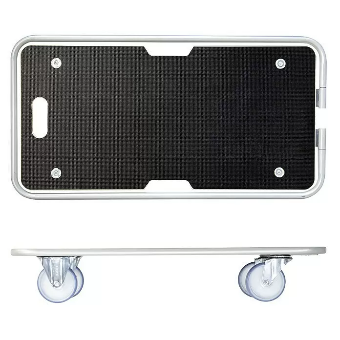 Wagner System Transportroller MM1345 - L x B x H: 740 x 365 x 110 mm, Traglast: 300 kg, Holz - Schwarzer Möbelroller mit strukturierter Oberfläche, silbernem Rahmen und transparenten Rollen, von oben und der Seite gezeigt.