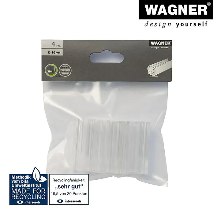 Wagner System Klemmschalengleiter - Durchmesser: 16 mm, Kunststoff, 4 Stk. - Das Bild zeigt eine Packung Wagner-Gleiter, 4 Stück mit einem Durchmesser von 16 mm, geeignet für Recycling.