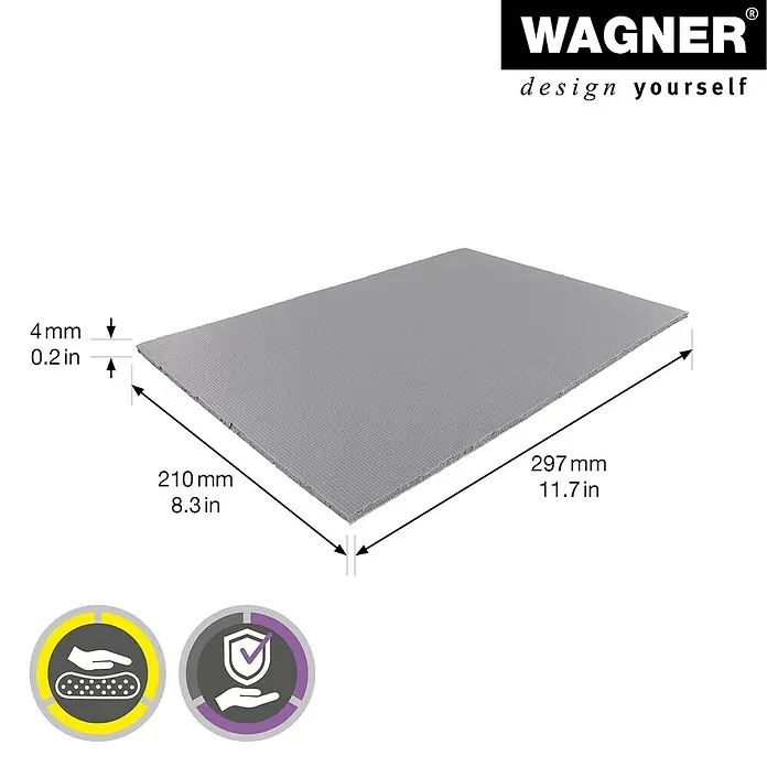 Wagner System Bodenschutzmatte - L x B x H: 297 x 210 x 4 mm, 1 Stk., Grau, Kleben - Produktbild einer grauen Wagner-Designplatte mit Maßangaben zu Länge, Breite und Dicke, ideal für individuelle Projekte.