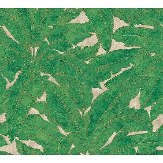 A.S. Création Metropolitan Stories Vliestapete Blätter - Grün/Braun, Floral, 10,05 x 0,53 m - Nahaufnahme eines üppigen, grünen Bananenblatt-Tapetenmusters mit goldfarbenen Akzenten, das eine exotische und natürliche Atmosphäre schafft.