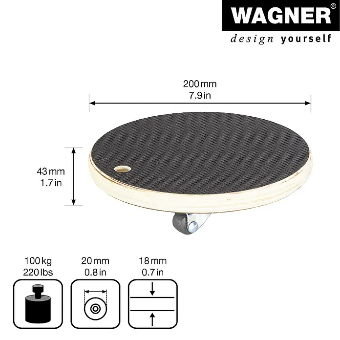 Wagner System Transportroller MM1315 - L x B x H: 200 x 200 x 43 mm, Traglast: 100 kg, Holz - Bild eines runden Möbelrollers aus Holz mit den Maßen 200 mm Durchmesser und 43 mm Höhe. Die maximale Traglast beträgt 100 kg.
