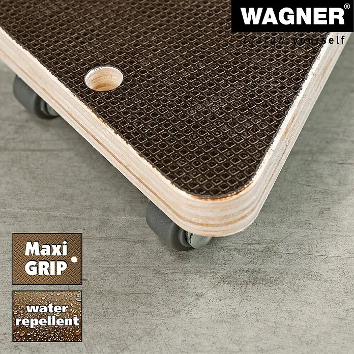 Wagner System Transportroller MM1314 - L x B x H: 140 x 140 x 43 mm, Traglast: 100 kg, Holz, Braun - Produktansicht eines WAGNER Möbelrollers mit Maxi-Grip Oberfläche, wasserabweisend und mit Rollen für einfaches Bewegen.