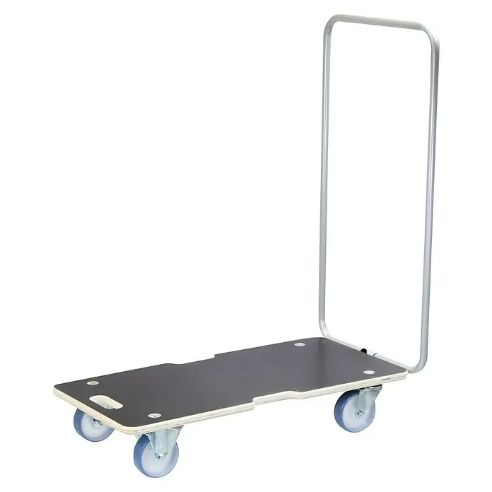 Wagner System Transportroller MM1345 - L x B x H: 740 x 365 x 110 mm, Traglast: 300 kg, Holz - Dieses Bild zeigt einen Transportroller mit einer grauen Holzplatte und einem silbernen Griff. Der Rollwagen hat vier blaue Rollen.