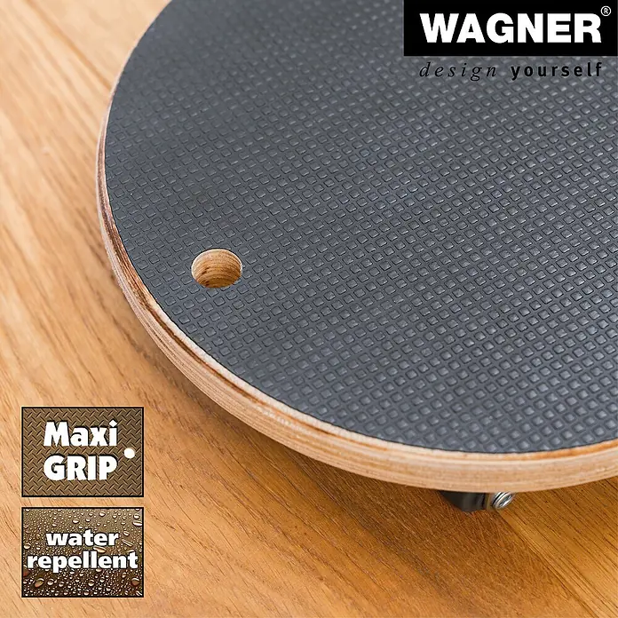 Wagner System Transportroller MM1315 - L x B x H: 200 x 200 x 43 mm, Traglast: 100 kg, Holz - Runde, rollbare Pflanzenuntersetzer mit grauer Anti-Rutsch-Oberfläche und dem Schriftzug Wagner "Design Yourself", ideal für den flexiblen Einsatz im Haus.