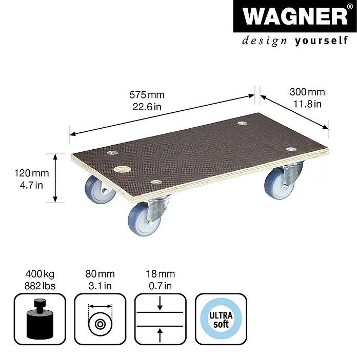 Wagner System Transportroller MM1085 - L x B x H: 300 x 575 x 120 mm, Traglast: 400 kg, Holz - Abbildung einer braunen Transporthilfe von Wagner mit Maßen und Gewichtsangaben.