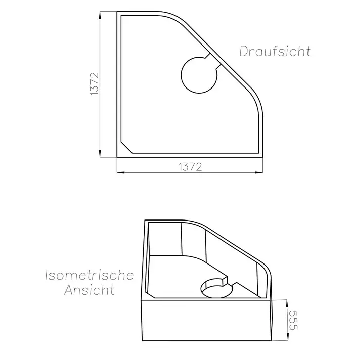 Ottofond Badewannenträger Valletta - Passend für: Ottofond Eckbadewanne Valletta 140 x 140 cm - Technische Zeichnung einer Duschkabine mit Maßen und Ansichten. Präzise Details für Planung und Installation.