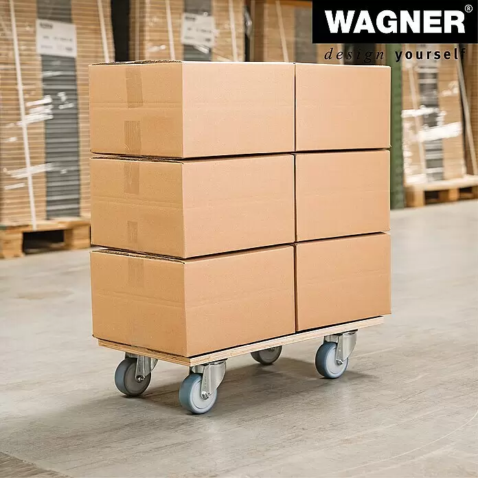 Wagner System Transportroller MM1085 - L x B x H: 300 x 575 x 120 mm, Traglast: 400 kg, Holz - Transportroller aus Holz mit grauen Rollen trägt sechs Kartons in einem Lager.