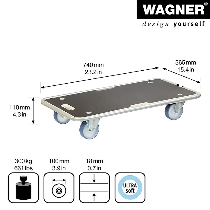 Wagner System Transportroller MM1345 - L x B x H: 740 x 365 x 110 mm, Traglast: 300 kg, Holz - Abbildung eines Wagner Möbelrollers mit Maßangaben, der bis zu 300 kg tragen kann.