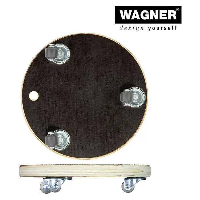 Wagner System Transportroller MM1315 - L x B x H: 200 x 200 x 43 mm, Traglast: 100 kg, Holz - Runde, dunkelbraune Holzrolle mit drei grauen Lenkrollen, von oben und der Seite gesehen.