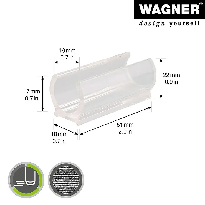 Wagner System Klemmschalengleiter - Durchmesser: 19 mm, Kunststoff, 4 Stk. - Produktbild eines transparenten Wagner-Clips mit Größenangaben in Millimetern und Zoll zur Illustration der Abmessungen.