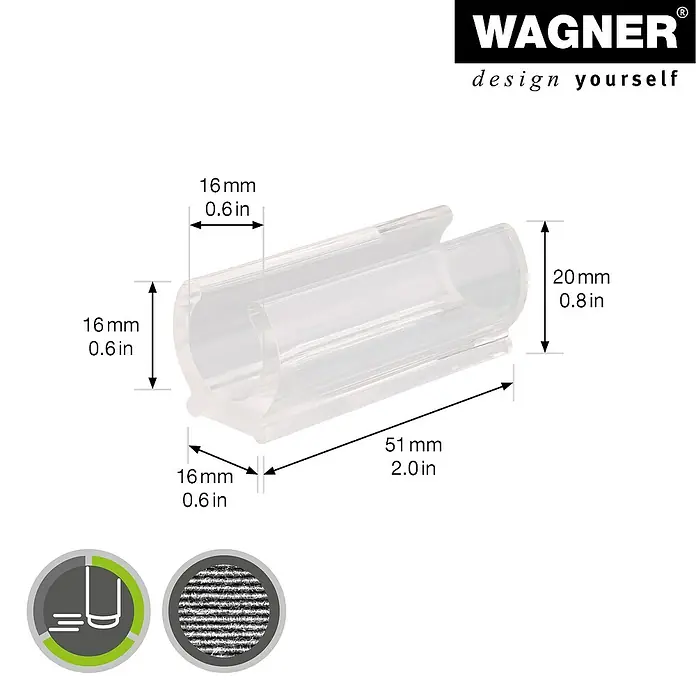 Wagner System Klemmschalengleiter - Durchmesser: 16 mm, Kunststoff, 4 Stk. - Abbildung eines transparenten Wagner-Clips mit Größenangaben, der für Designprojekte oder Möbel geeignet ist.