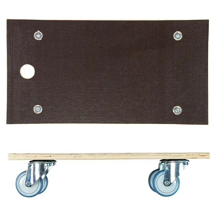 Wagner System Transportroller MM1085 - L x B x H: 300 x 575 x 120 mm, Traglast: 400 kg, Holz - Eine braune Möbelroller-Hundehütte mit vier Rollen und einer Aussparung. Das Produkt ist kompakt und leicht zu transportieren.
