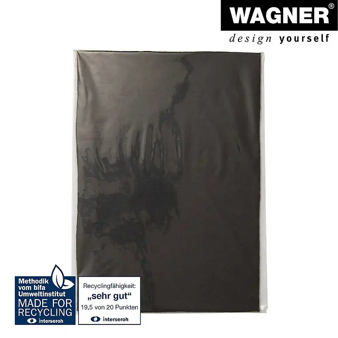 Wagner System Bodenschutzmatte Filz - L x B: 420 x 297 mm, Braun - Das Produkt ist eine schwarze Folie von Wagner, verpackt in einer transparenten Hülle, mit Recyclinghinweisen versehen.