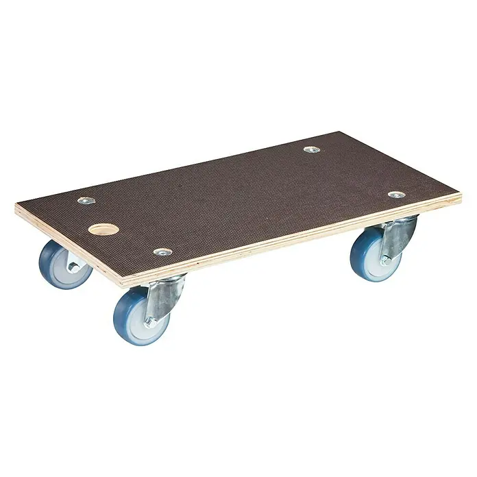 Wagner System Transportroller MM1085 - L x B x H: 300 x 575 x 120 mm, Traglast: 400 kg, Holz - Eine braune Transportrolle mit vier blauen Rädern für den einfachen Transport von schweren Gegenständen.