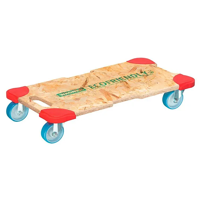 Wagner System Transportroller MM1322 - L x B x H: 590 x 290 x 110 mm, Traglast: 300 kg, Holz - Möbelroller mit blauen Rollen, rotem Kantenschutz und Aufdruck "ECOFRIENDLY", ideal für den Transport von Möbeln und schweren Gegenständen.