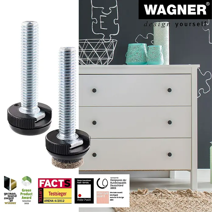 Wagner System Verstellfüße - Länge Gewinde: 40 mm, Durchmesser Gewinde: 8 mm, 4 Stk. - Zwei Möbelfüße mit Gewinde und schwarzem Sockel vor einer Kommode.
