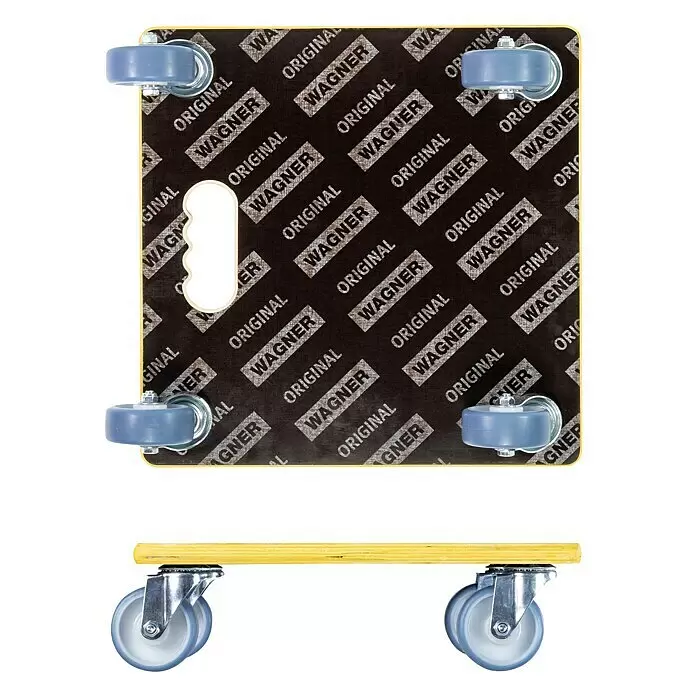 Wagner System Transportroller MM1340 - L x B x H: 380 x 380 x 110 mm, Traglast: 300 kg, Holz - Holz-Möbelroller mit schwarzer Antirutschfläche, Aussparung als Tragegriff und vier blauen Rollen. Für schwere Lasten.