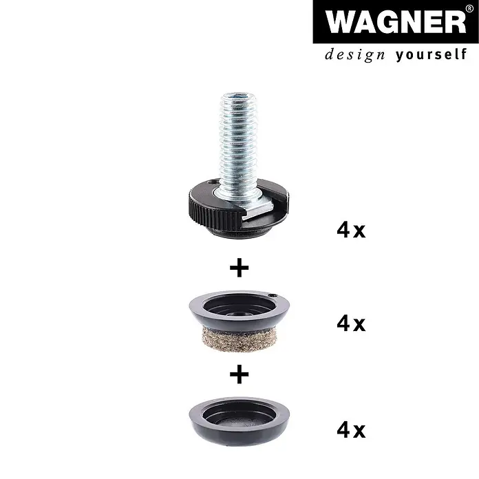 Wagner System Verstellfüße - Länge Gewinde: 20 mm, Durchmesser Gewinde: 8 mm, 4 Stk. - Produktabbildung eines Wagner Stellfuß-Sets, bestehend aus Schraube, Filzgleiter und passendem Gehäuse, ideal zum Ausgleichen von Unebenheiten.