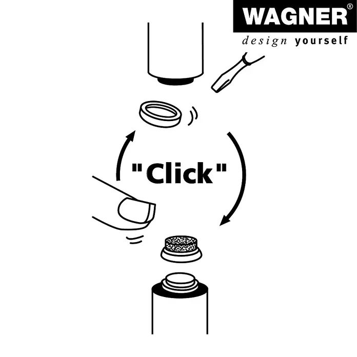 Wagner System Verstellfüße - Länge Gewinde: 40 mm, Durchmesser Gewinde: 8 mm, 4 Stk. - Eine Produktdemonstration des Wagner-Zerstäubers, die das einfache "Klick"-System zum Wechseln der Düsen zeigt.