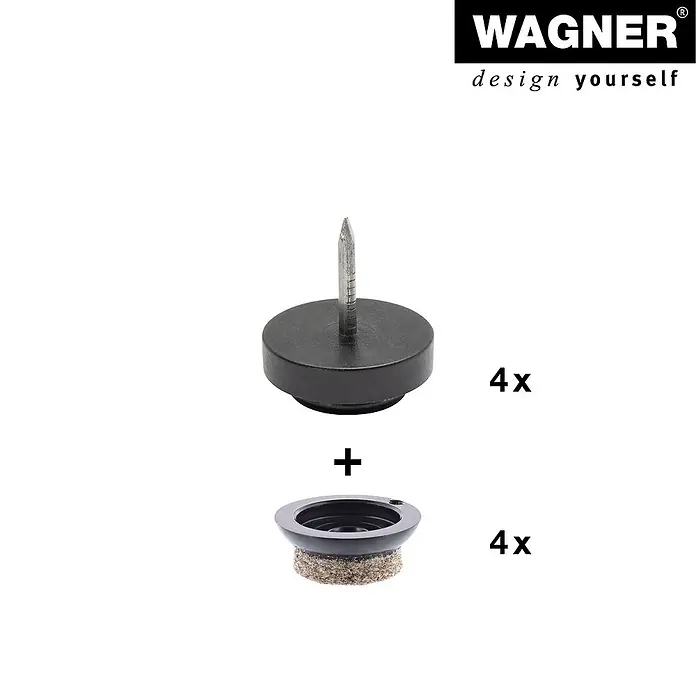 Wagner System Filzgleiter Ultrasoft - Durchmesser: 20 mm, 80 Stk., Mit Stift, Schwarz - Produktbild: Möbelgleiter-Set von Wagner, bestehend aus Nagelgleitern und Filzeinsätzen für Stühle und Tische.