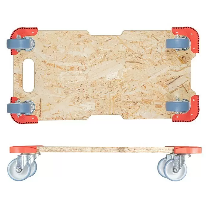Wagner System Transportroller MM1322 - L x B x H: 590 x 290 x 110 mm, Traglast: 300 kg, Holz - OSB-Platten-Möbelroller mit vier grauen Lenkrollen, roten Eckpuffern und Griffaussparung, von oben und der Seite gezeigt.