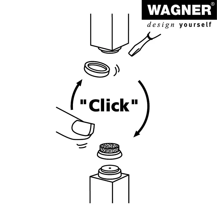 Wagner System Filzgleiter Ultrasoft - Durchmesser: 20 mm, 80 Stk., Mit Stift, Schwarz - Abbildung einer Wagner-Düse, die mit einem Klick befestigt wird.