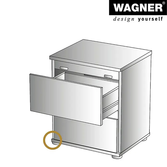 Wagner System Verstellfüße - Länge Gewinde: 20 mm, Durchmesser Gewinde: 8 mm, 4 Stk. - Das Bild zeigt einen Nachttisch von Wagner mit einer offenen Schublade, der sich ideal für das Schlafzimmer eignet.