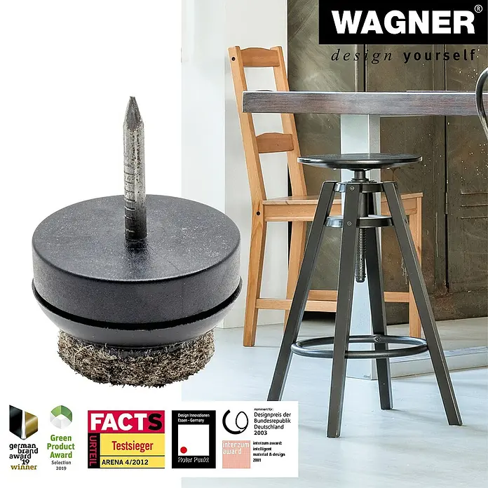Wagner System Filzgleiter Ultrasoft - Durchmesser: 20 mm, 80 Stk., Mit Stift, Schwarz - Produktbild eines Wagner Stuhlgleiters mit Nagel und Filzgleitfläche für sicheren Halt und Schutz des Bodens.