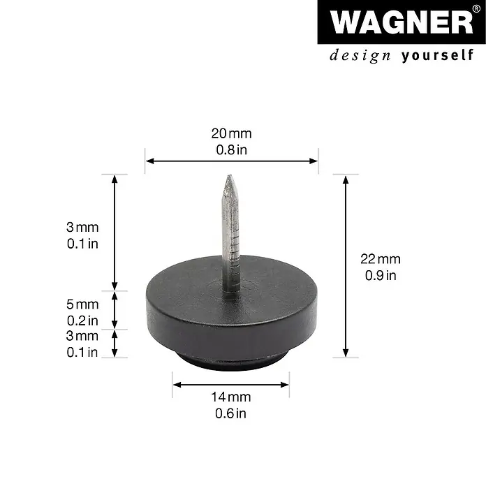 Wagner System Filzgleiter Ultrasoft - Durchmesser: 20 mm, 80 Stk., Mit Stift, Schwarz - Abmessungen eines schwarzen Wagner-Nagelgleiters mit einer Höhe von 22 mm und einer Nagelhöhe von 3 mm, ideal für Möbel.